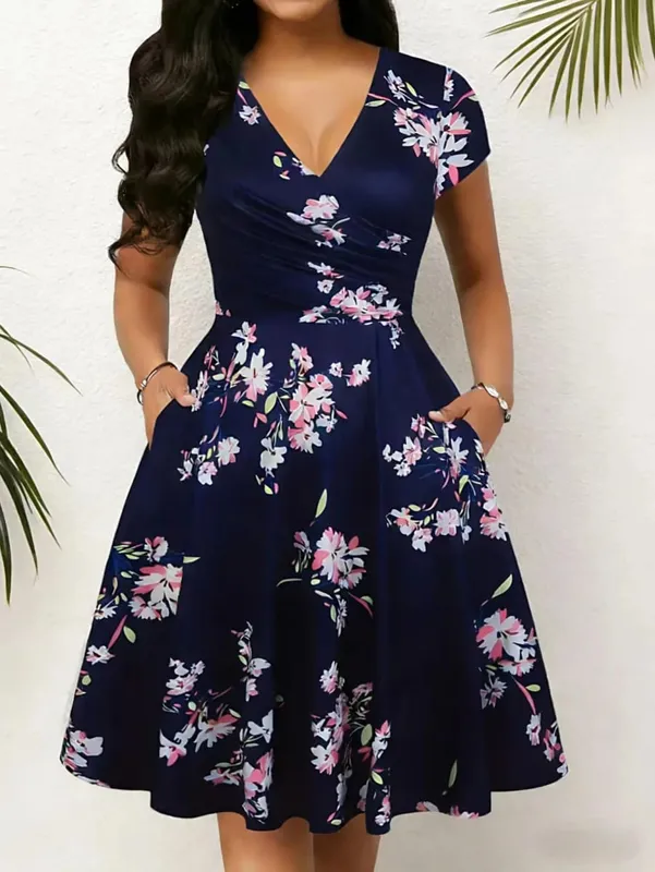 Elegant Floral Printed V-Neck Mid-Length Pocket Dress Polyester Blends for Spring Summer Autumn Three Season Women's Dress — image 9