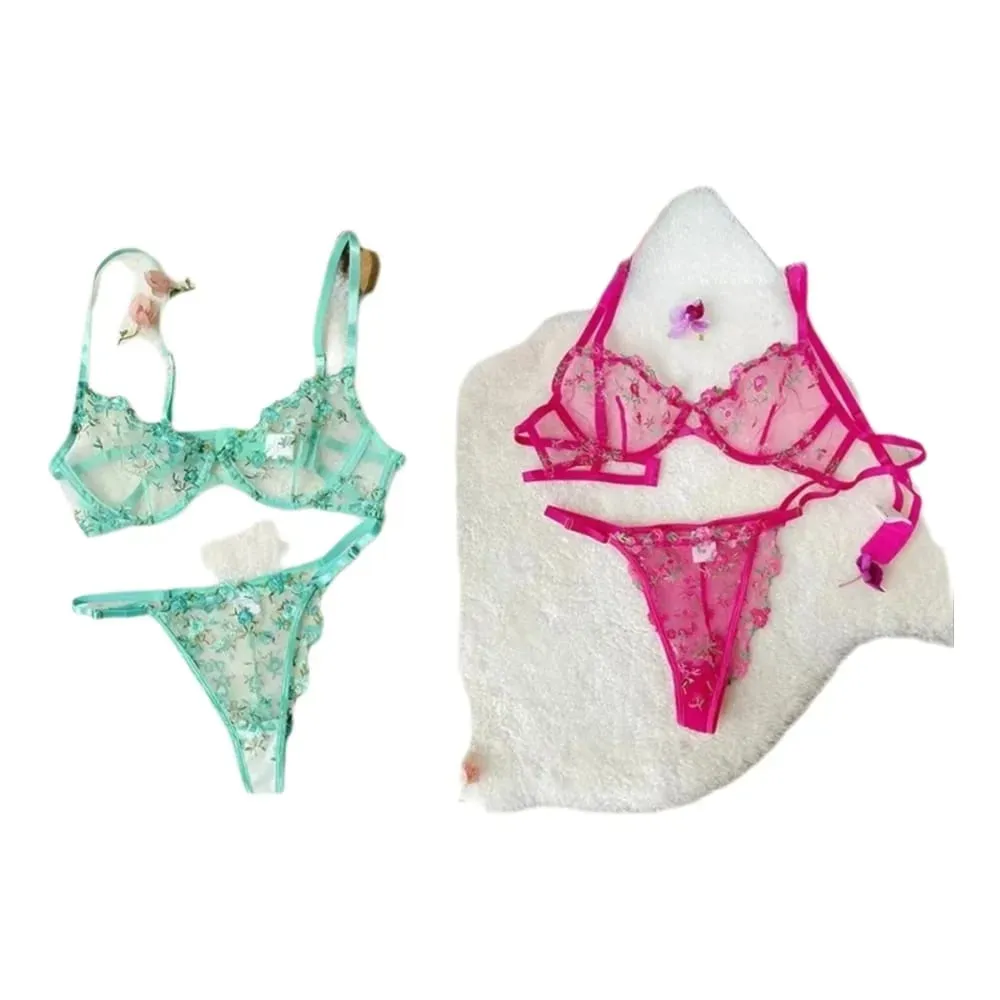 Transparent Floral Lace Embroidery Bra Set Summer Thin Minimizer Underwear Soft Breathable Full Bust Female Home Daily Wear S-XL — image 1