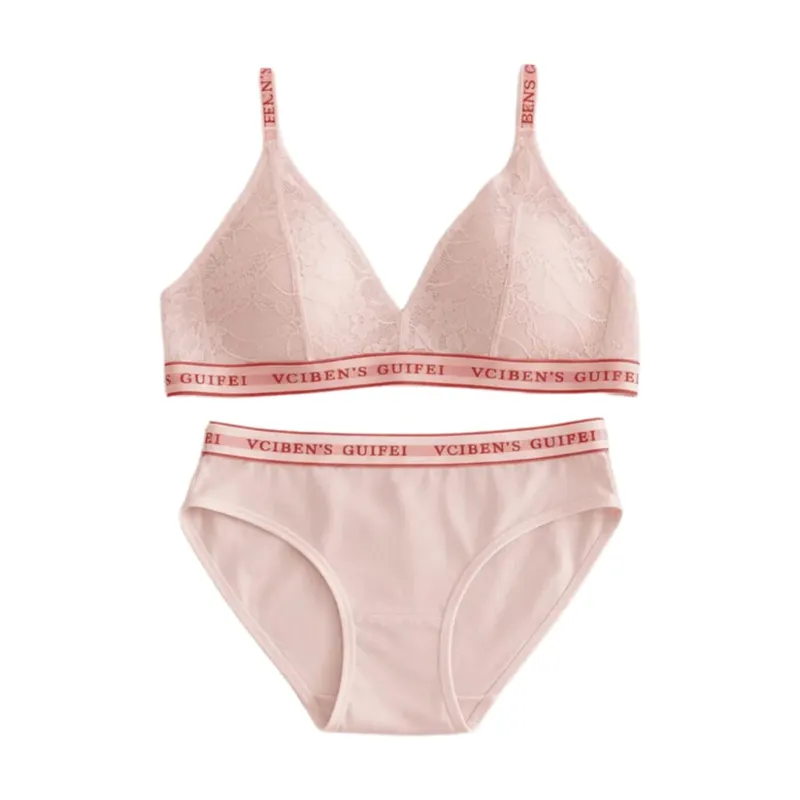 Breathable Letter Design Lingerie Set Deep V Wireless Women Underwear Suit Color Blocking Lace Bra Panties Set Gift