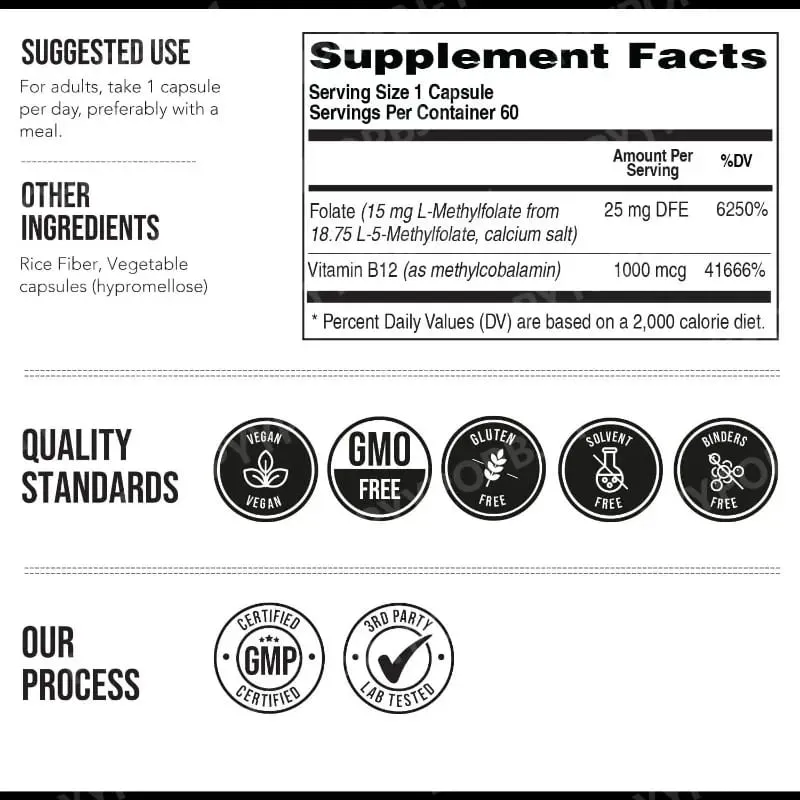 L Methylfolate 5 MTHF 15mg Plus Methyl B12 Vitamin B9 Active Form Nutritional Supplement 60 Capsules