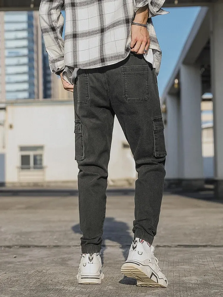 Men's Jogger Jeans Washed Cotton Slight Stretch Multi-Pockets Denim Cargo Pants Asian Size L-6XL