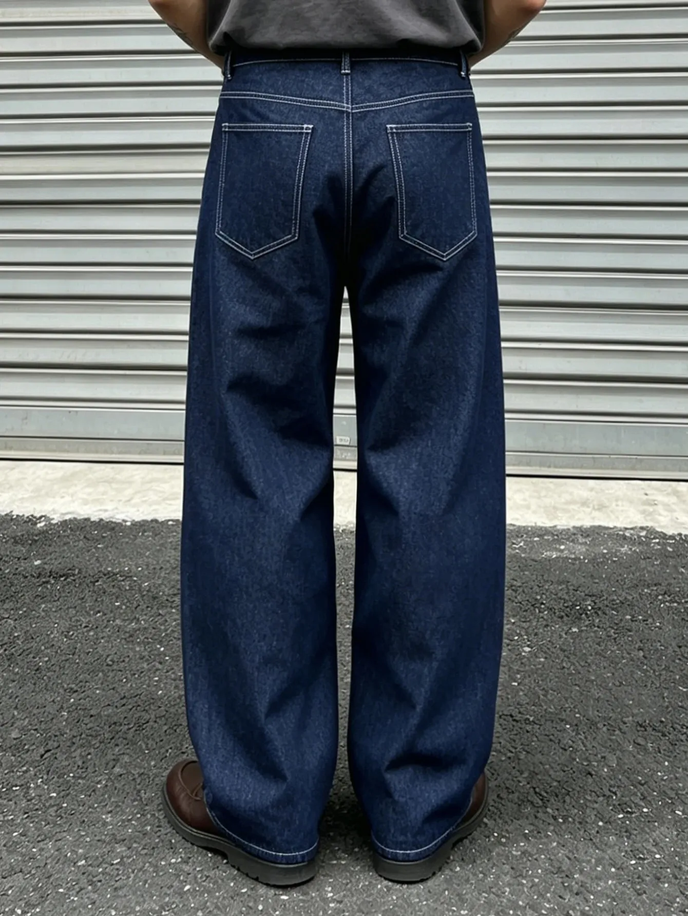 Denim Blue Dark Topstitched Wide-Leg Jeans Are the Same for Men and Women. They Are High-Waisted Loose and Floor-Length. They A — image 5