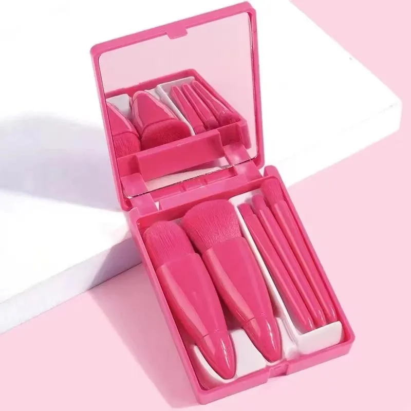【B】5Pcs Makeup Brushes Set Mini Makeup Brushes Small Complete Function Cosmetic Brushes Kit With Case And Mirror