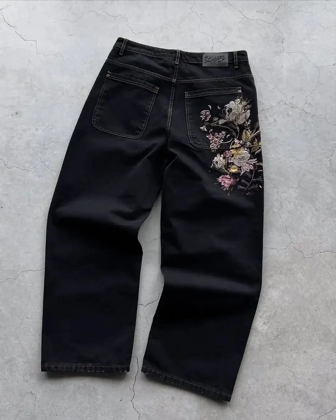2026 Japanese style high street patchwork embroidered jeans men's goth Harajuku fashion wide leg jeans y2k retro casual pants