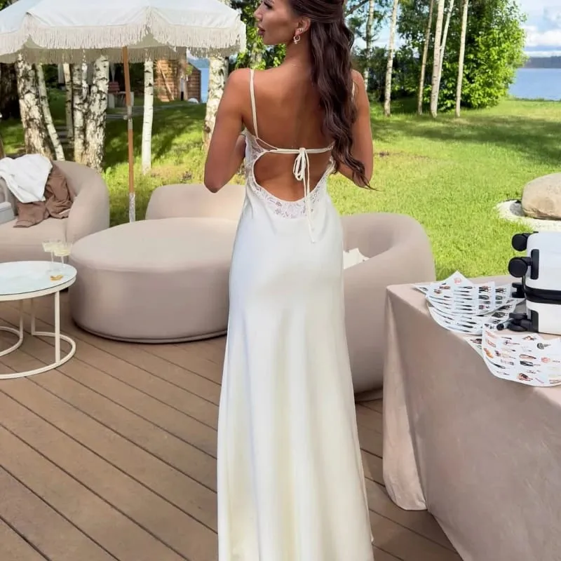 Tsiisd Fashion Satin Backless Women's Mini Dress Lace-Up Spaghetti Strap Slit Elegant Sexy Wedding Party Dress Female Dress 2026