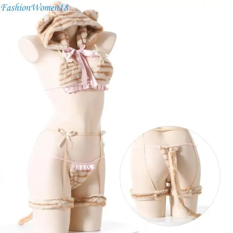 Anime Lingerie Furry Bra Panty Cap Tigers Tail Tigers Cosplay Lingerie Costume Set 57BD