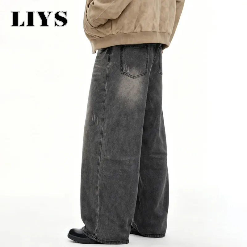 Men's American Retro Gray Baggy Wide Leg Jeans Daily Business Casual Loose Straight Leg Denim Pants Four Seasons Men's Clothes