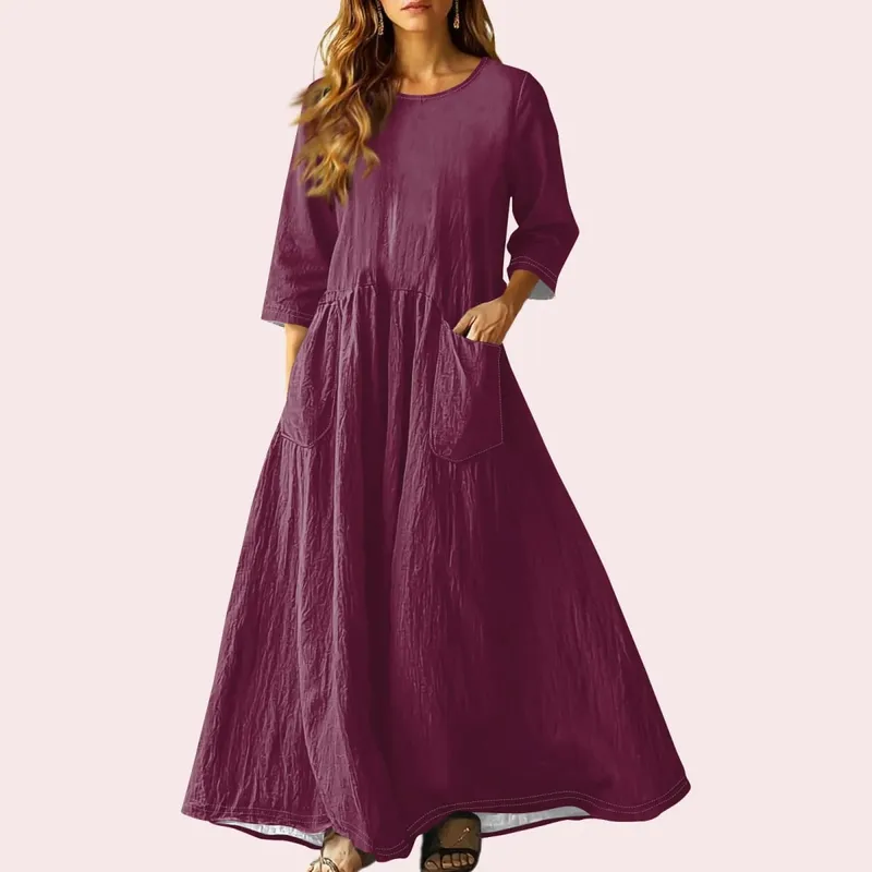 Women's Summer Loose Long Dresses Solid Color Three-quarter Sleeve Double Pocket Dress Loose Round Neck Linen Dress Vestidos