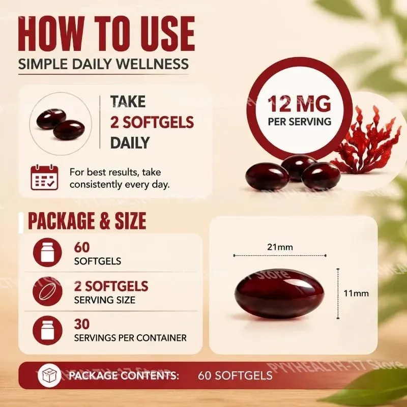 Astaxanthin Softgels From Microalgae Promotes Collagen Production Soy Free Gluten Free Non GMO Triple Strength 120 Softgels