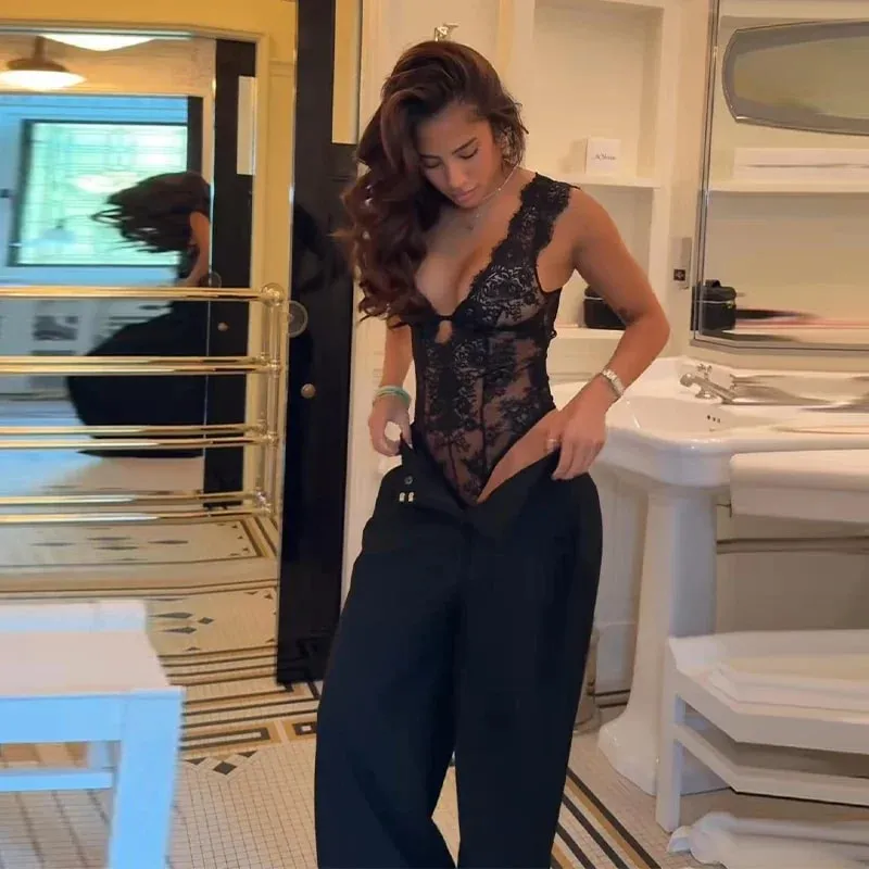 Sexy Lace Women's Bodysuit See Through Solid Deep V-neck Backless One Piece Tops 2026 Summer New Chic Club Party Lady Jumpsuits