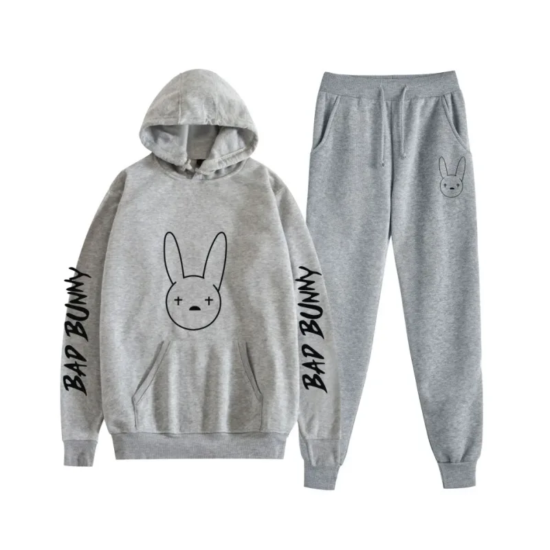 Harajuku Comfortable bad bunny Print Sweatshirt Sweatpants Suit Women's Hoodies+ Trousers Suit Boys/Girls 2 Piece Set Clothes