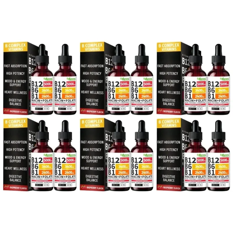 B12 B6 B1 Niacin Folate Liquid Sublingual Vegan B-Complex Drops for Daily Energy and Focus Support Raspberry for Men Women 60 ML