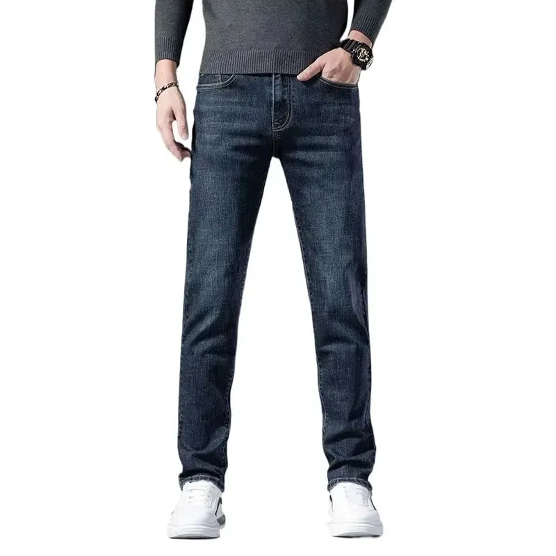 Autumn Winter High Quality Elastic Mens Jeans Cargo Slim Fit Denim Pencil Trousers Midweight Long PantsHighHigh Jeans Man