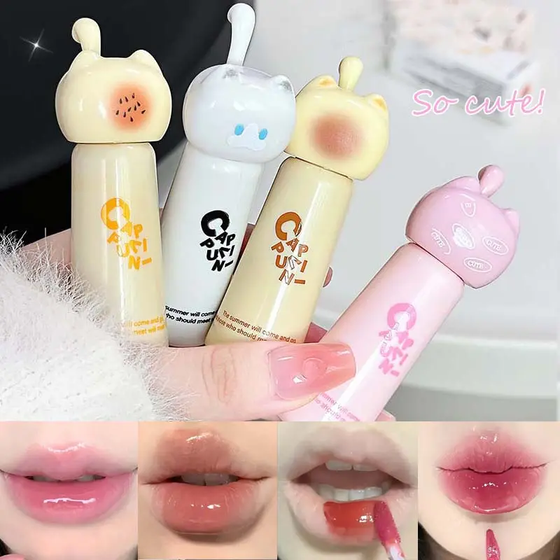 Cute Cat Water Mirror Lip Gloss Lasting Moisturizing Rose Apricot Pink Tint Lip Glaze Nude Lipstick Korean Makeup Girl