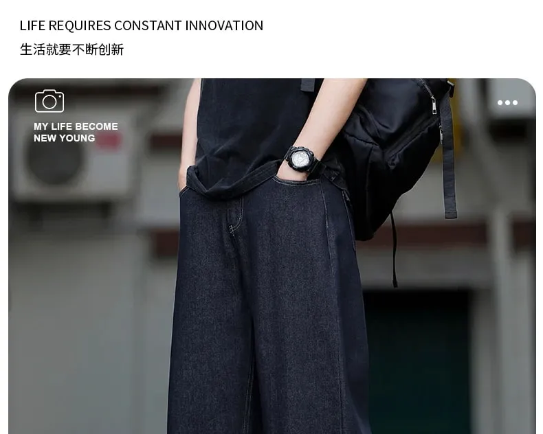Loose American Retro Blue Jeans High Waist Wide Leg Denim Pants Half Elastic Waistband Casual Vintage Style Jeans