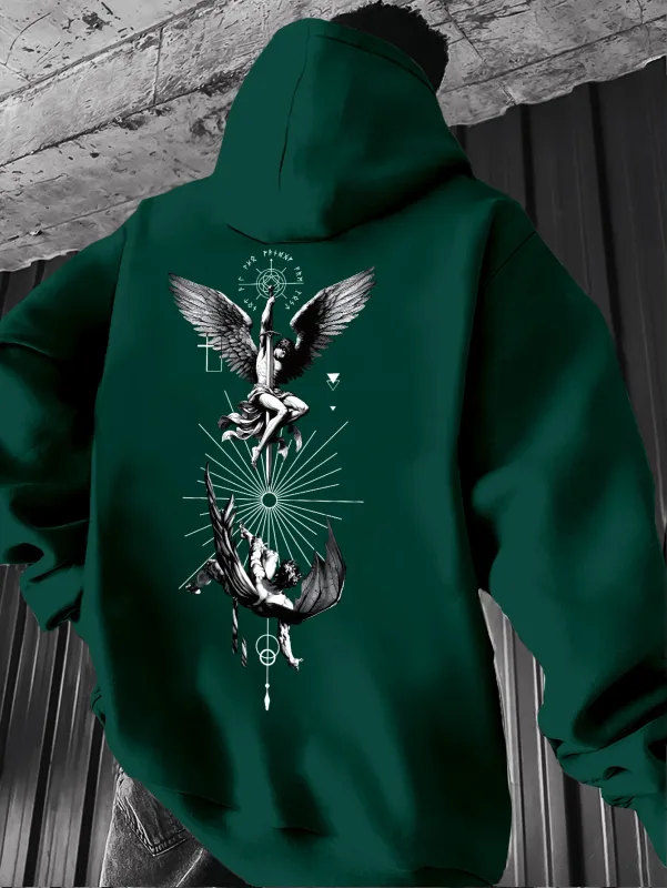 Men's Gothic Angel & Tarot Print Hooded Sweatshirt - Longr Machine /Fall Layering (Tarot Card Design Regular Fit) - Ideal for Themed Events & Casual Attire Featuring Angel & Tarot Motifs Comfortable Knit Fabric and Versatile Streetwear Styl