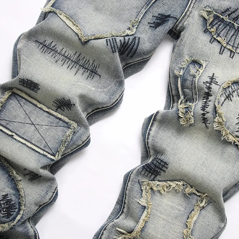 Mænds Boot Cut Jeans Streetwear Patches Frigivet Hem Bukser Vintage Blå Broderi Patchwork Flared Bukser