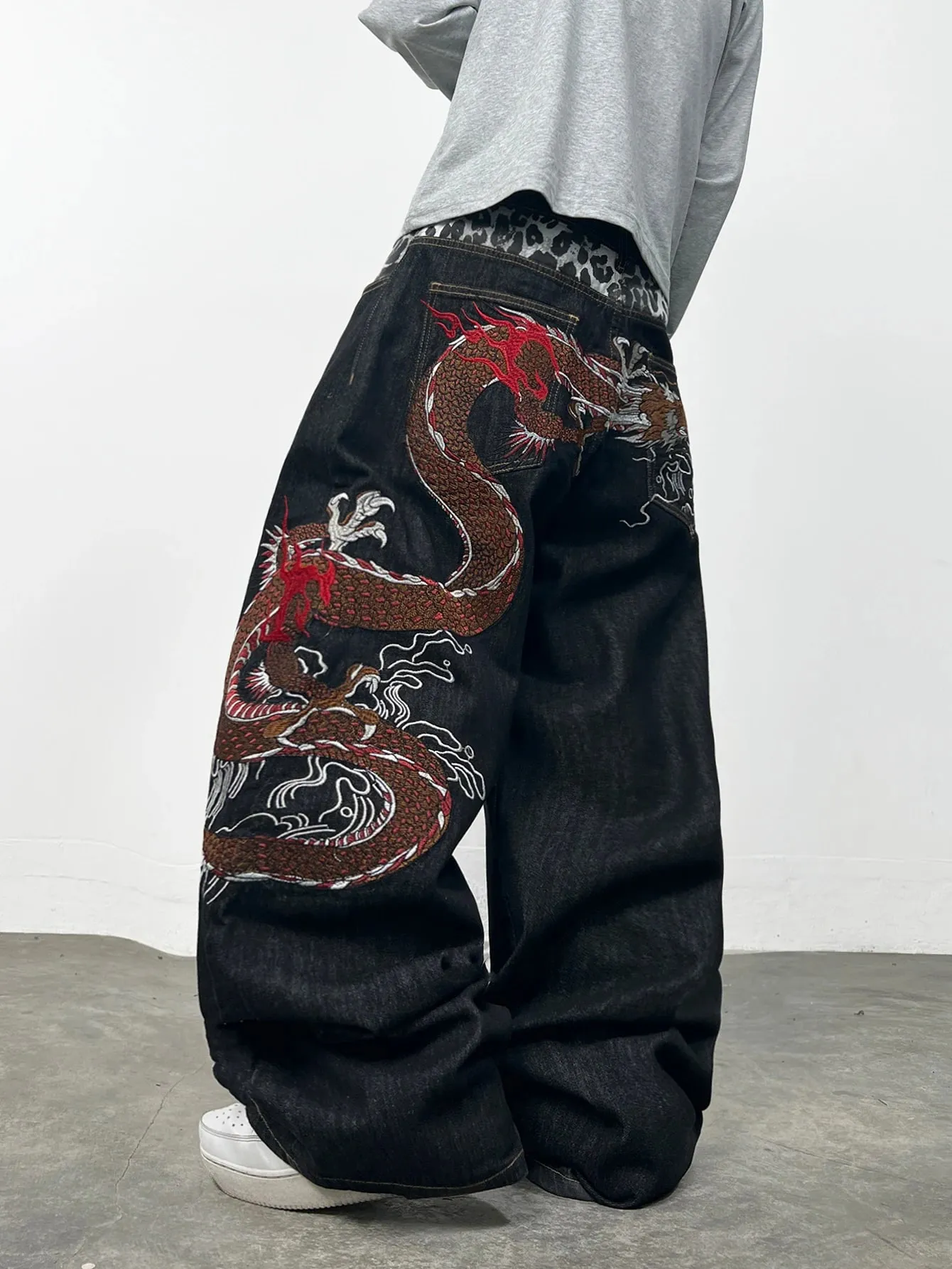 American Retro Dragon Embroidery Design Black Men's Loose Jeans Y2K Street Hip-Hop Trendy Versatile Wide-Leg Pants