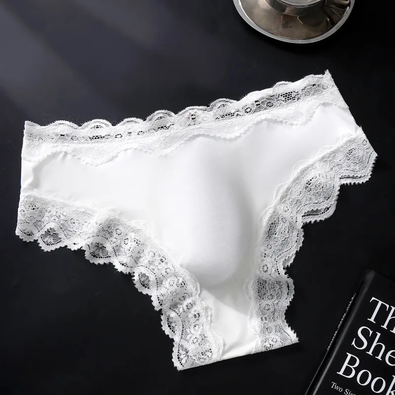 Male Full Lace Edge Briefs Back Bow Strap Ice Silk Satin Low Rise U Pouch Soft Breathable Men Underpants