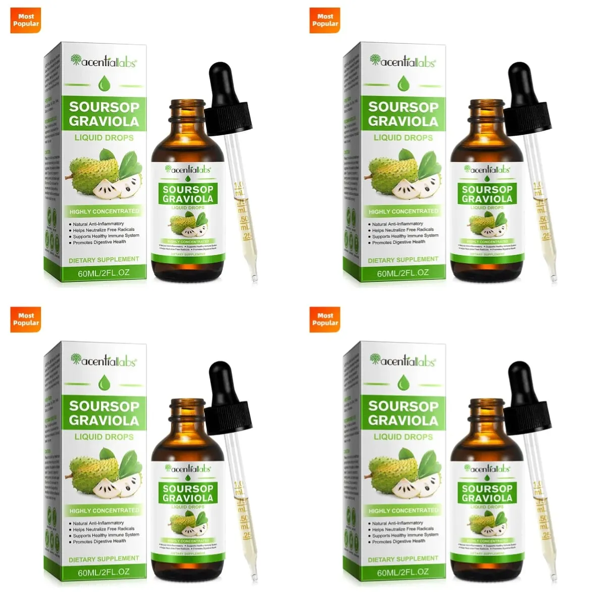 Acentiallabs Hot Sale 60ml Soursop Bitter Liquid Drops Dietary Supplements 100% Pure Organic Soursop Graviola Extract for Adlut — image 10