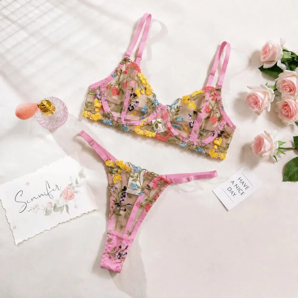 2dílná sada květinového spodního prádla Průsvitné všestranné spodní prádlo Intimky Výšivka Kostice Push-up Bra Kalhotky pro slečnu — image 6