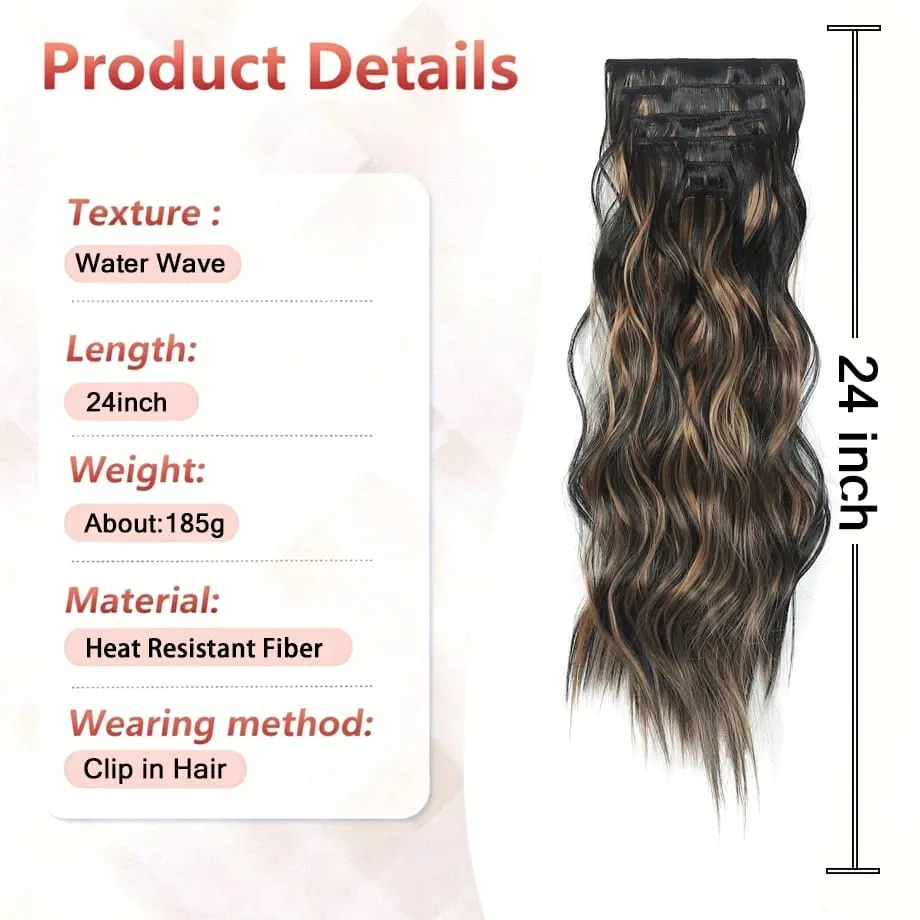 6PCS Clip in Hair Extensions Honey Blonde Mixed Light Brown 24 Inch Long Water Wavy Synthetic Hair Extensions For Women Use