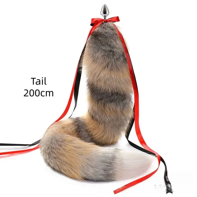 200cm Soft Real Fur Fox Tail Anal Plug with Split Design Metal Butt Plug for Women Cosplay Costume Flirt Sensory Sex Toys