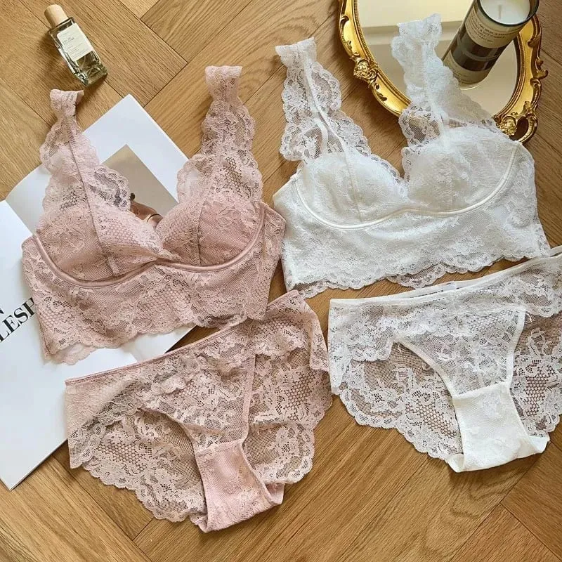 Women's French Lace Bralette Push Up Gathering No Underwire Backless Bra Sets Sheer Lingerie Outerwear Going Out Tops Size S- XL