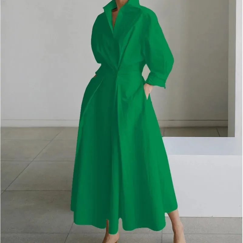 Elegant Women's Summer Dresses 2026 Loose A Line Maxi Shirt Long Sleeve With Pockets Office Commuter Street Casual Long Dress