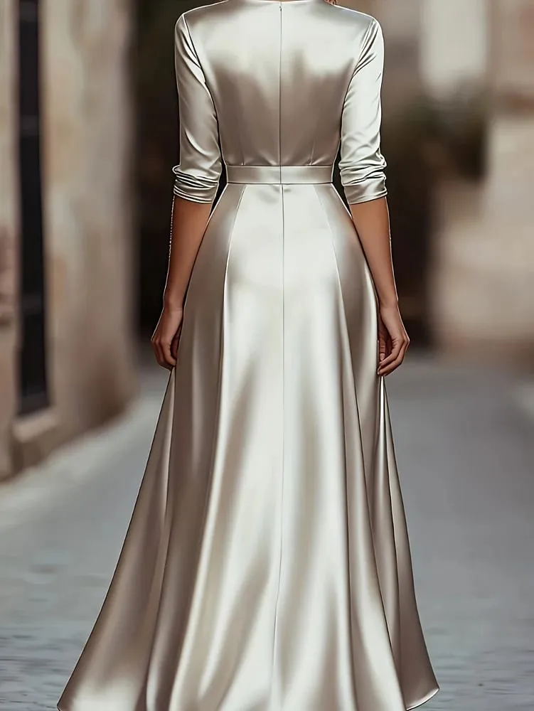 Spring/Autumn Collection: French-inspired Elegance Luxury-feel V-neck Long-sleeved Fitted Waist Dress Evening Gown for Banquets — image 2