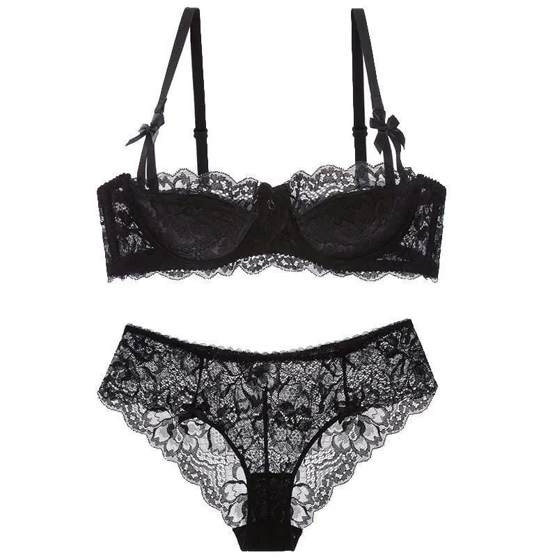 セクシー French Lace Half Cup Bra Set Bow Shoulder Strap Thin Large Bust Minimizer Pure Desire Lingerie For Teen Girls Daily Outfit