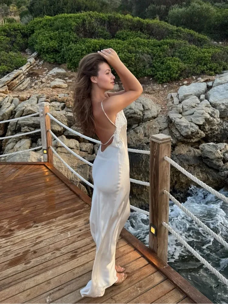Women Sexy V-neck Satin Sling Maxi Dress Chic White Lace Patchwork Sleeveless Backless Slim Gowns Summer Evening Party Dresses — image 5