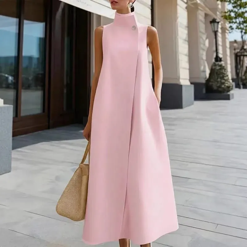 Simple Fashion Single Button High Neck Maxi Dress Women Spring Solid Pocket A-Line Long Dress Summer Sleeveless Bohemian Dresses — image 6