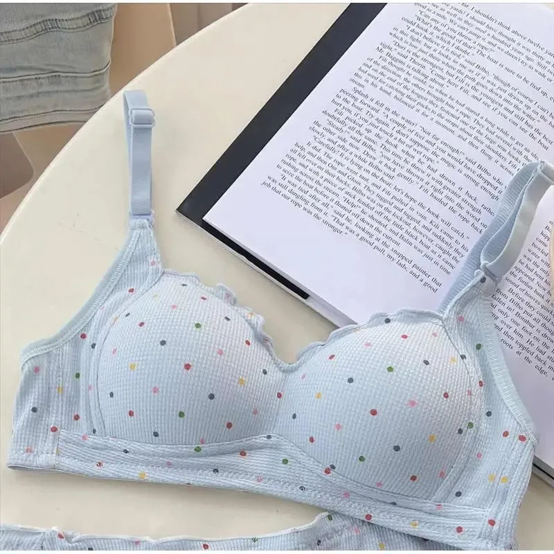 White Polka Dot Wireless Bra for Teens Push Up Bust Retraction Support Non Padded Bralette Set Small Chest Anti Sagging MOYISU