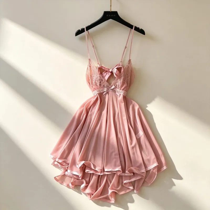 Woman Hotsweet Mini Dress V-Neck Strap Large Hem Dress Lace Trim Sexy Club Dating Party Comfortable Princess Pink Trend Y2K New