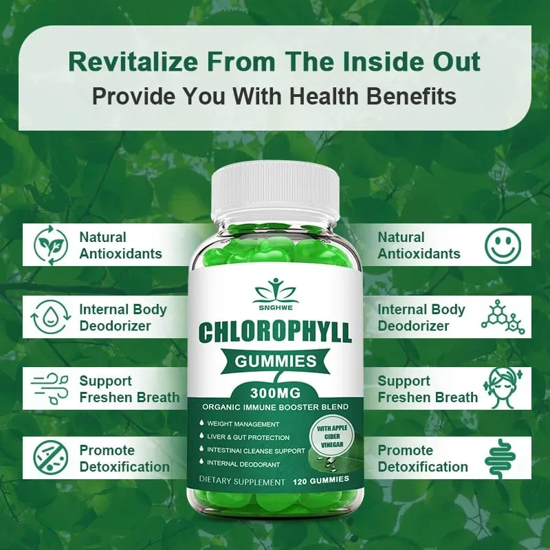 Chlorophyll-Gummis – mit ACV Vitamin D3 C E B12 – natürliches Deodorant, Energie, Stärkung des Immunsystems und Unterstützung der Verdauung, vegan, 60 Bonbons