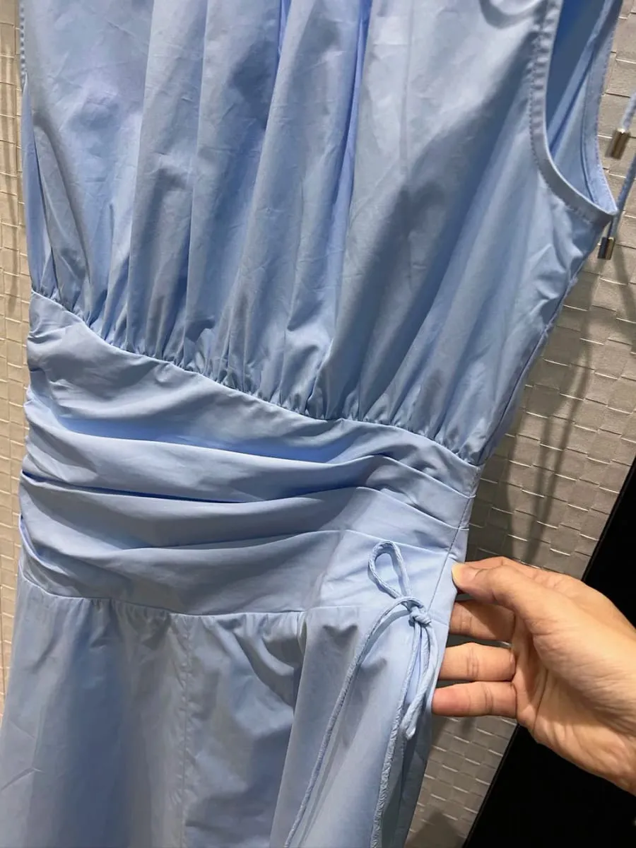 New 2026 spring summer women drawstrings stand collar cotton dresses sleeveless folds irregular dress — image 5