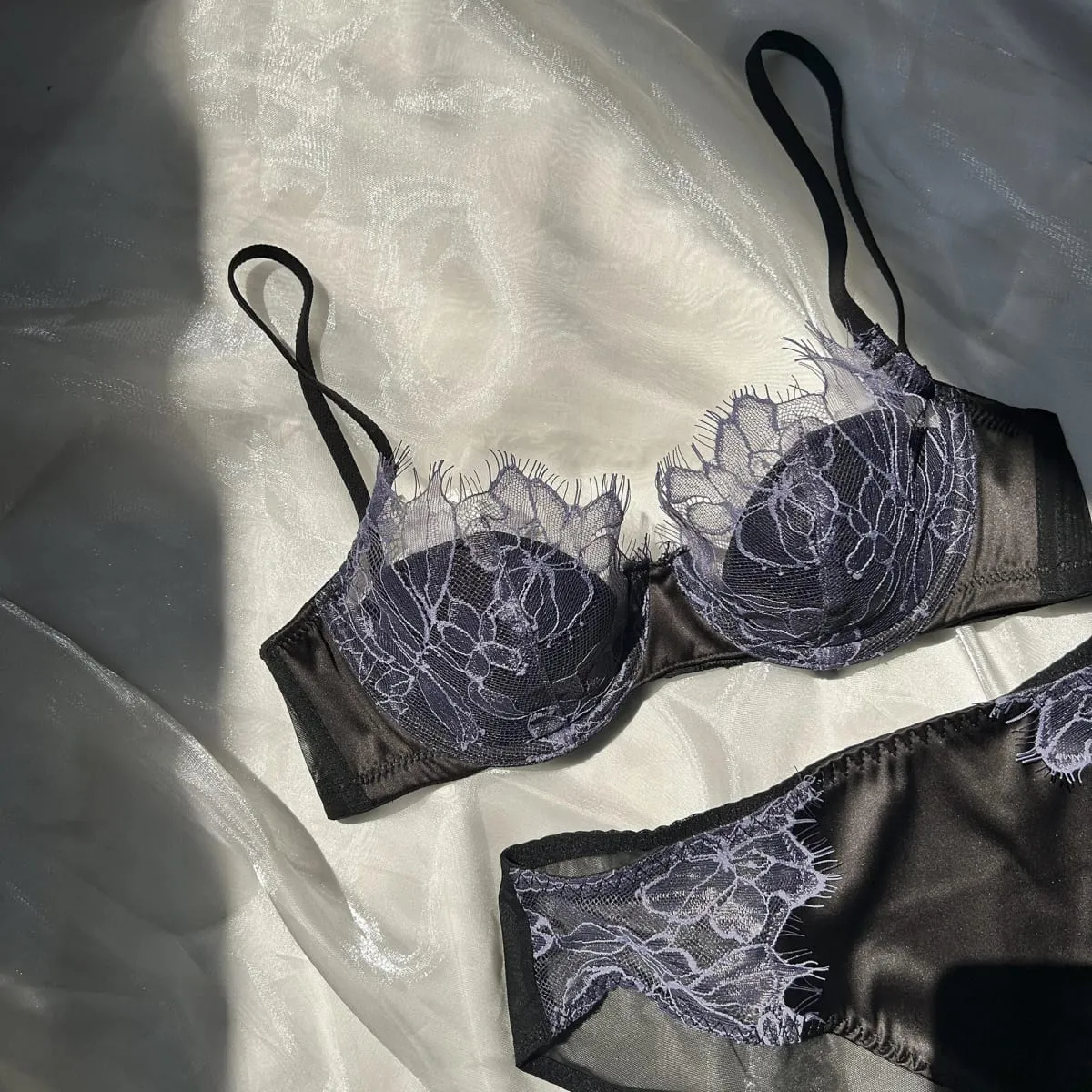 2 Pieces French Eyelashes Lace Underwear Set for Women Hollow 1/2 Thin Cup Push Up Bra Adjustable Strap Brassiere Lingerie