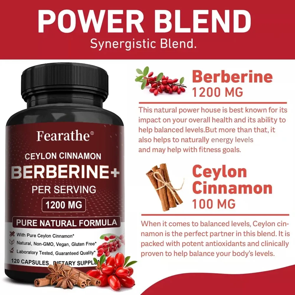 Berberine HCI & Ceylon Cinnamon Capsules Support Cardiovascular Gastrointestinal Liver Immune Health & Metabolic Balance