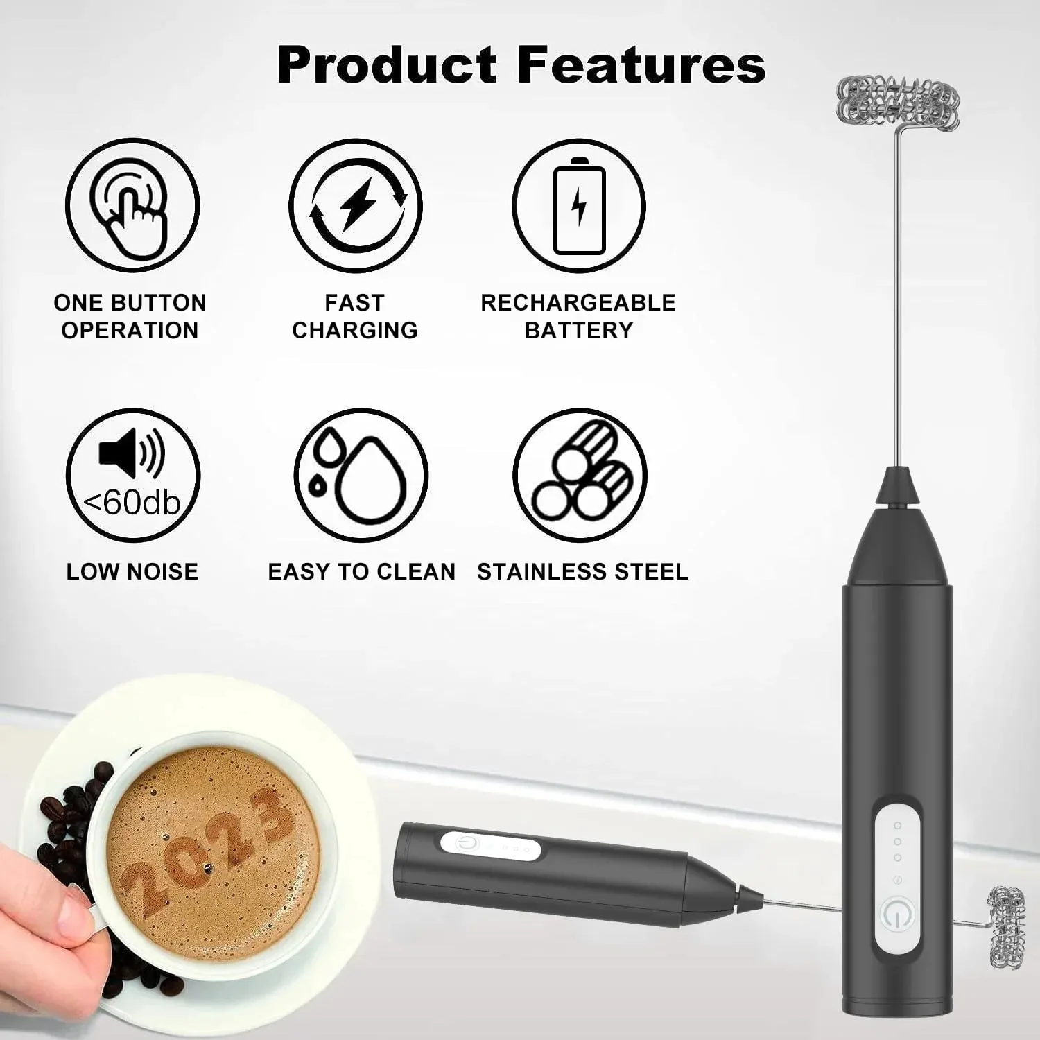 Milk Frother USB Rechargeable 3 Speeds Foam Maker Coffee Whisk Mixer Electric Handle Blender Egg Beater — image 7