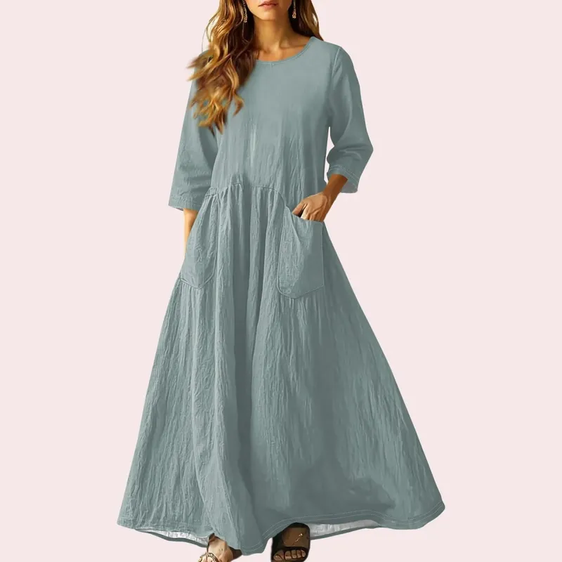 Women's Summer Loose Long Dresses Solid Color Three-quarter Sleeve Double Pocket Dress Loose Round Neck Linen Dress Vestidos