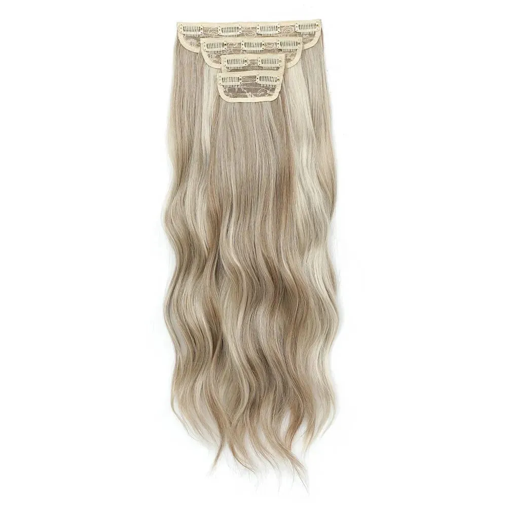 4Pcs/Set 11 Clips 22 Inches 220g Beach Waves Clip in Hair Extensions Sandy Blonde Champagne Heat Resistant Synthetic Hairpiece