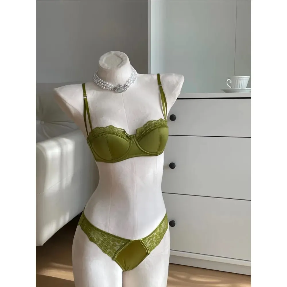 Set Lingerie Setengah Cangkir Prancis Wanita Bra Pakaian Dalam Tipis Tipis Musim Panas Tali Tipis Push-Up Berkawat Lembut 32-38AB