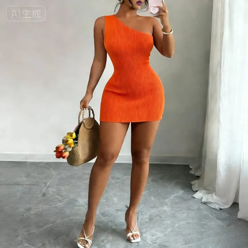 Women's Green One Shoulder Stretchy Knit Mini Dress Ribbed Bodycon Sleeveless Sexy Summer Party Night Club Vacation Dress