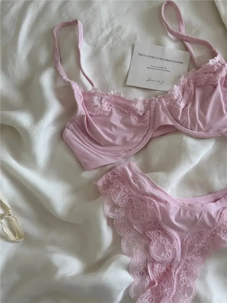 สีชมพูUnlinedเต็มถ้วยBraชุดUnderwire Lace Trim LiftสบายMinimalistไม่มีรอยต่อผิวทุกวันBrasและPanty