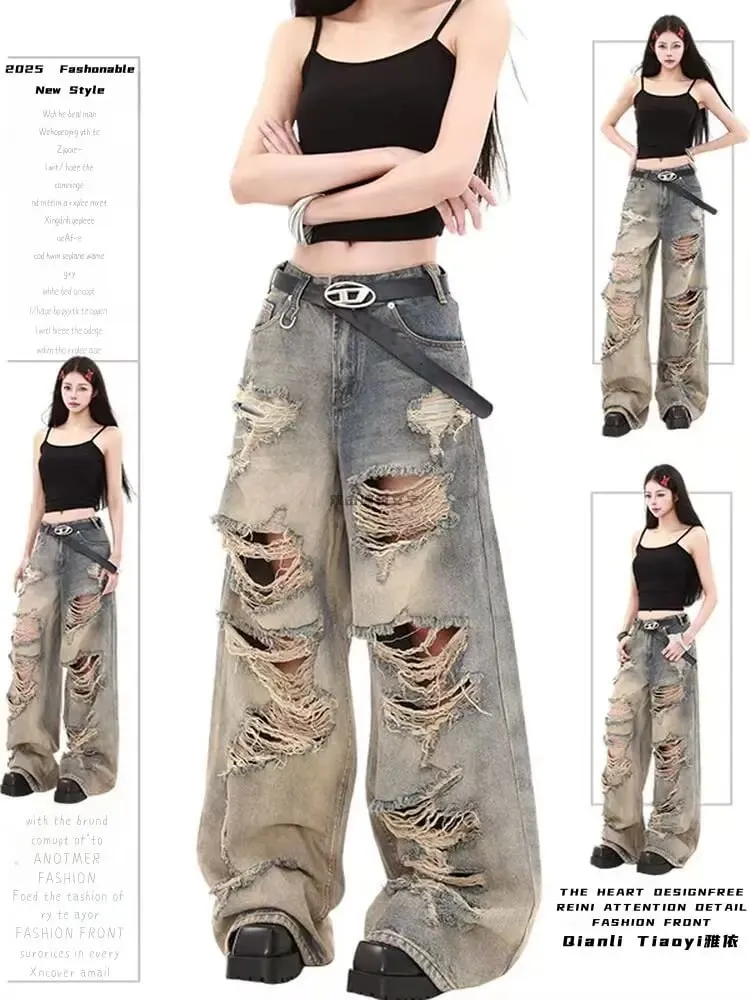 Retro American Desert Style Hole Denim Jeans High Waist Loose Wide Leg Men Women Spring Summer Design Trendy Pants