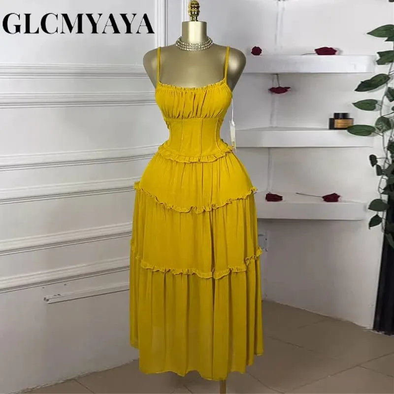 Women Strap Sleeveless Ruffles A-line Midi Maxi Long Dress 2025 Summer Beach Holiday Vacation Vestidos Dresses