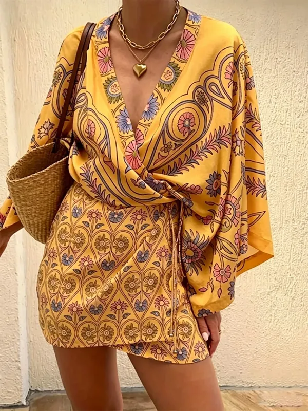 Bohemian Color Block Paisley Print Kimono Wrap Mini Dress Women V Neck 3/4 Sleeve Beach Cover Up Casual Short Dresses Summer 202