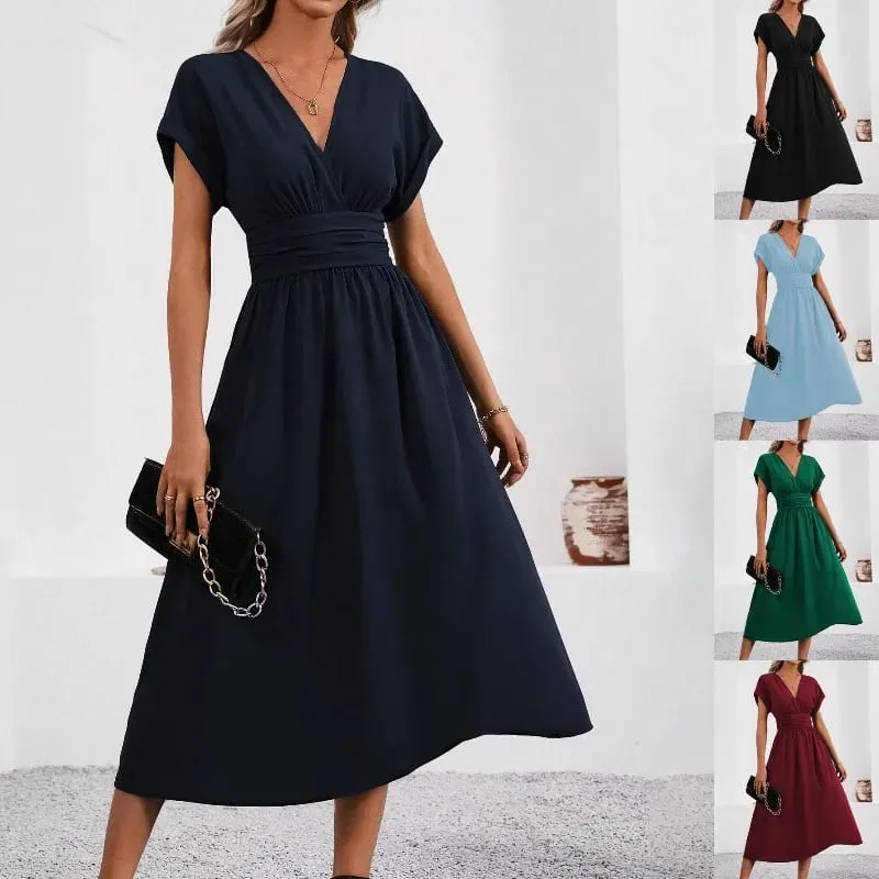 Dresses 2025 Woman Summer Solid-Color V-Neck Batwing-Sleeve Pleated Long Elegant Dress Woman Clothing Tops Skirts Y2k Clothes — image 1