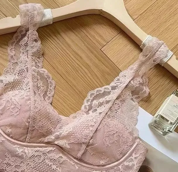 Women's French Lace Bralette Push Up Gathering No Underwire Backless Bra Sets Sheer Lingerie Outerwear Going Out Tops Size S- XL